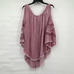 Standard grace boho embroidered raw hem cold shoulder bell sleeve tunic top